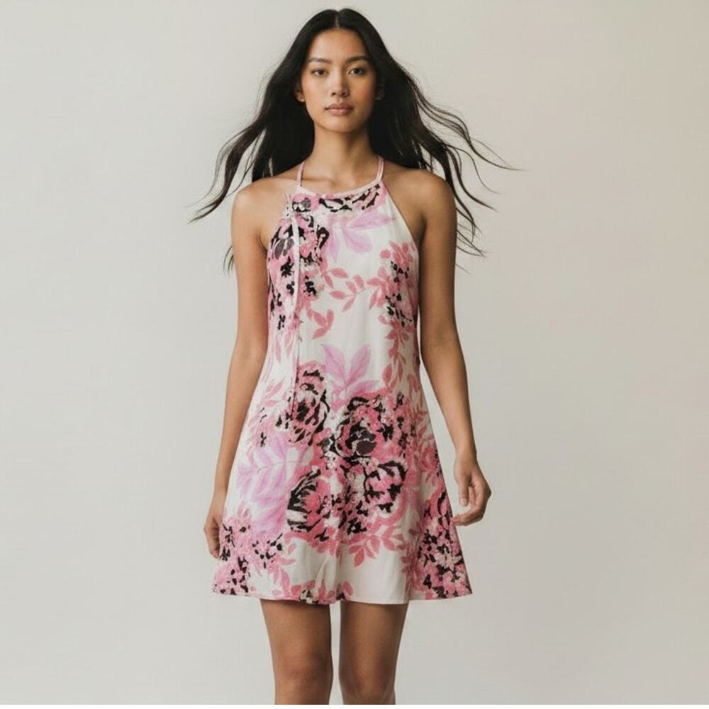 Audrey 3+1 Women’s Floral Halter Mini Dress Small Cream Black Lace Back Boho